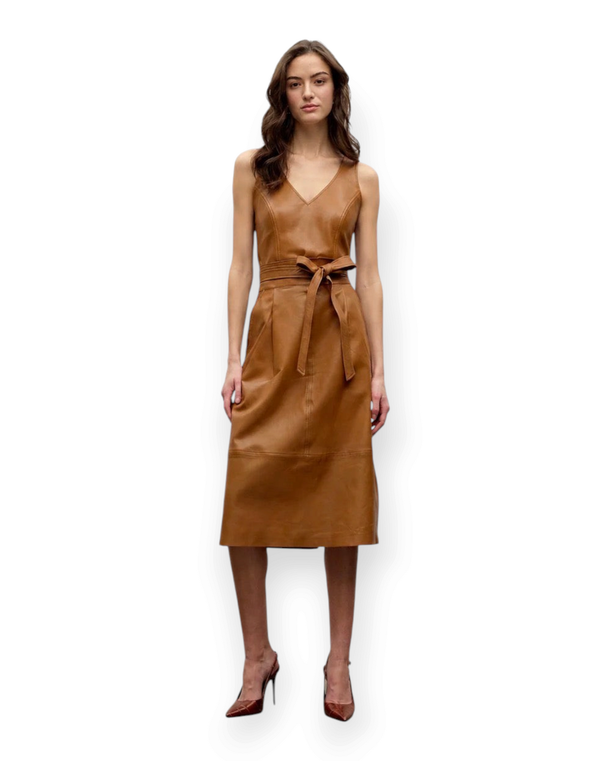 Birdie by Nina Liddle Design tan lambskin leather midi dress with a belted waist, V-neckline, and raw-edge hem.