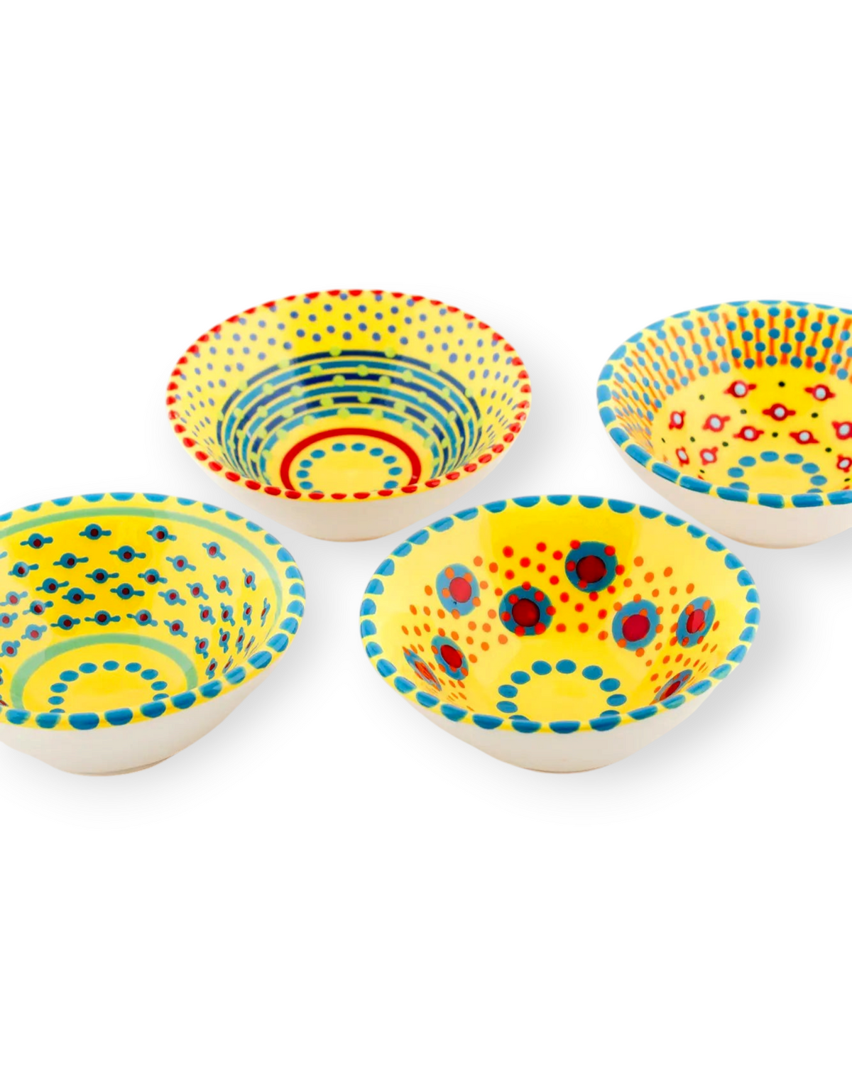 Birdie by Nina Liddle Design handmade ceramic poppy ramekins with colorful hand-painted patterns on a white background