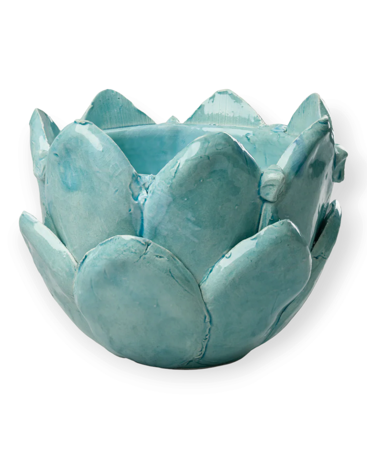 Birdie by Nina Liddle Design handmade Italian ceramic artichoke catchall pot in a glossy light blue glaze.