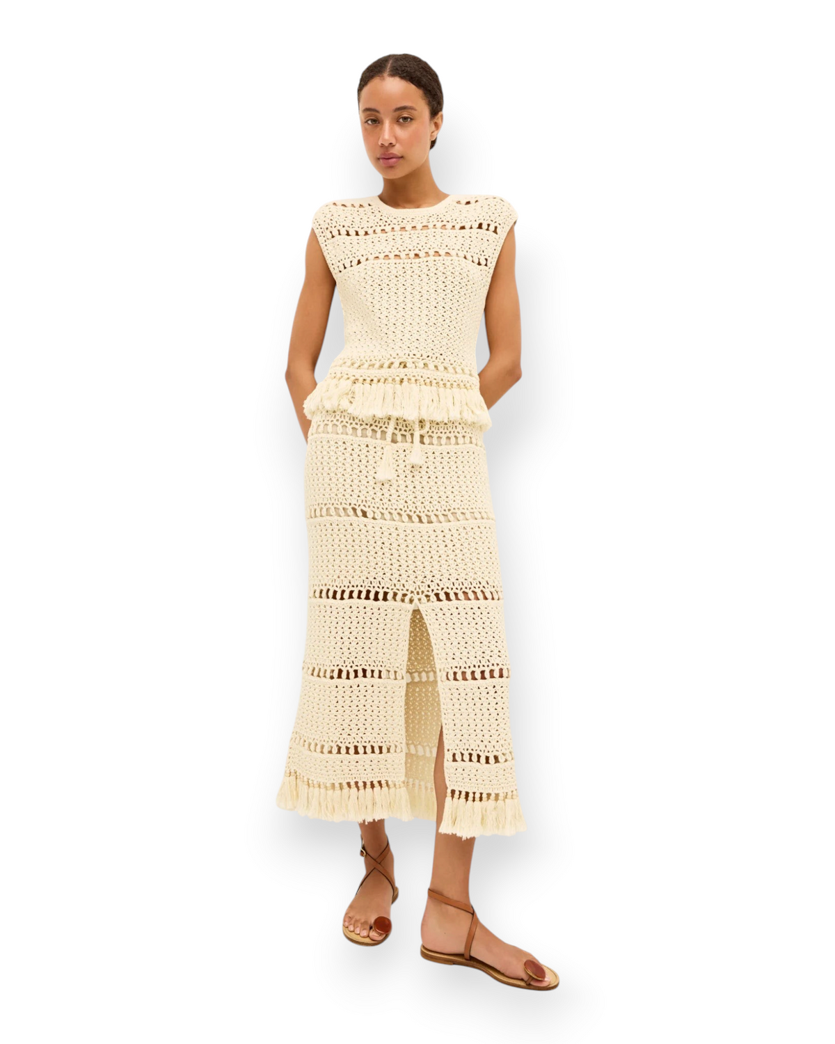 Birdie by Nina Liddle Design Mira Top in cream cotton crochet with cap sleeves, tassel details, and a crew neck.