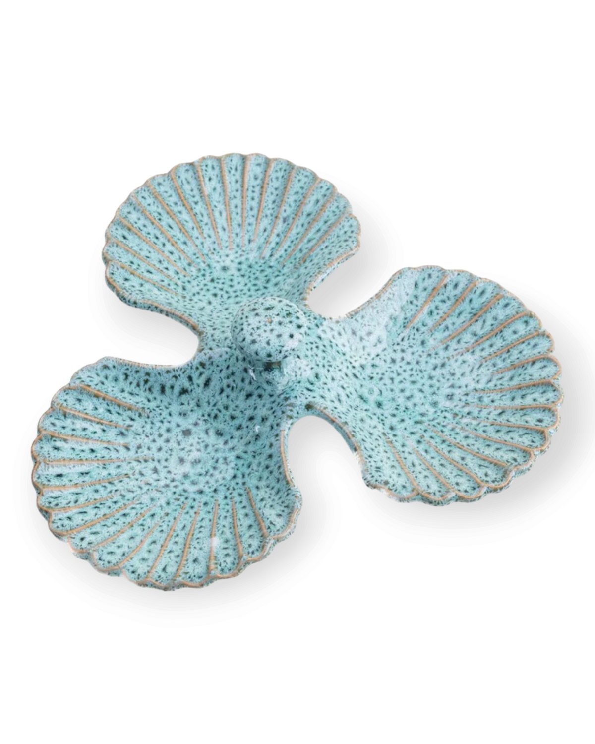 Birdie by Nina Liddle Design Triple Concha ceramic dish in a speckled blue glaze with a unique shell-inspired shape.