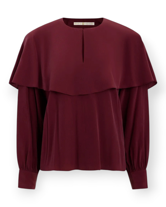 Birdie by Nina Liddle Design Jayne blouse in deep port silk with a romantic fixed cape and front keyhole detail.