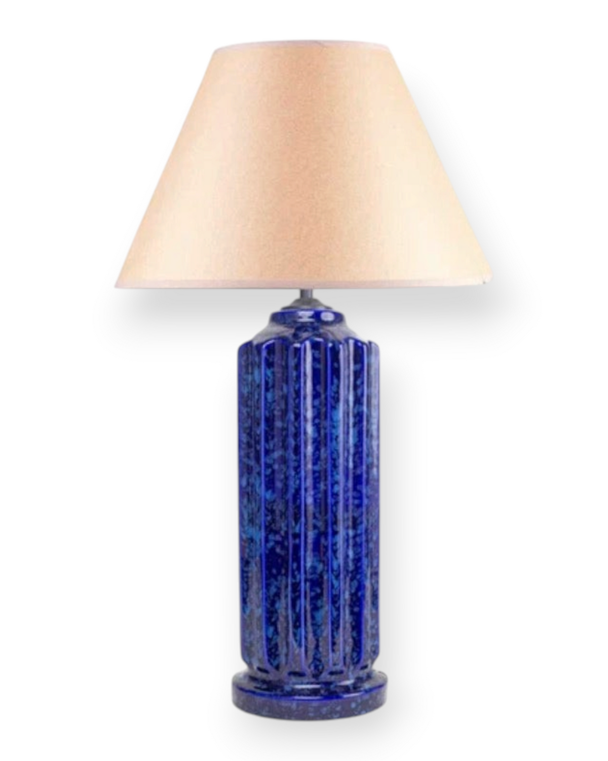 Birdie by Nina Liddle Design Doric Lamp in Algae blue ceramic with a fluted column base and a neutral fabric shade.