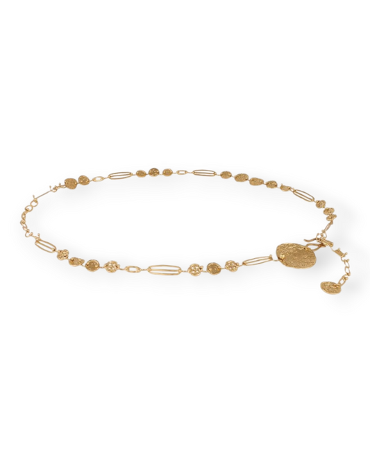 Birdie by Nina Liddle Design gold chain belt with textured circular links and a decorative medallion charm