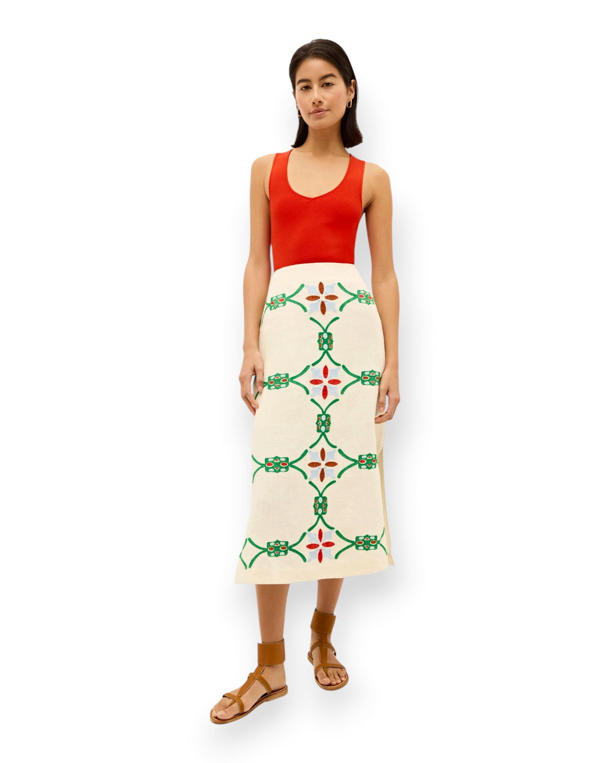Birdie by Nina Liddle Design Miranda tank in red ribbed knit paired with a cream midi skirt featuring floral embroidery