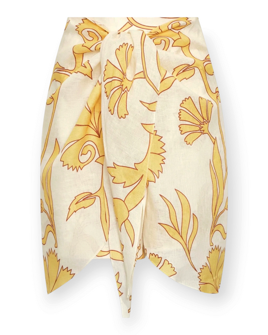 Birdie by Nina Liddle Design Bamboleiro high-waisted linen shorts in cream with a yellow floral print and front tie