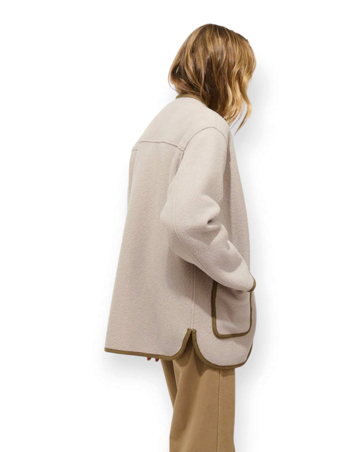 Birdie by Nina Liddle Design Cambridge jacket in washed merino boiled wool with olive trim and oversized fit