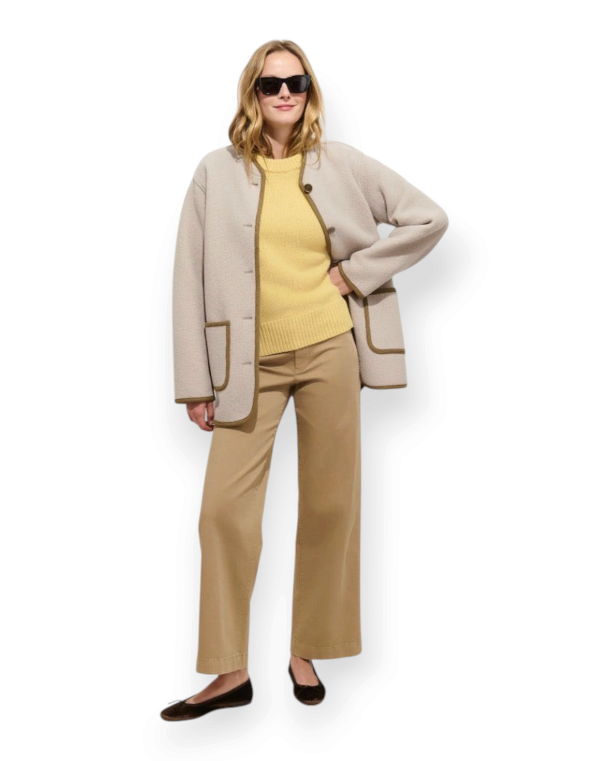 Birdie by Nina Liddle Design Cambridge jacket in washed merino wool with contrast trim worn by a model