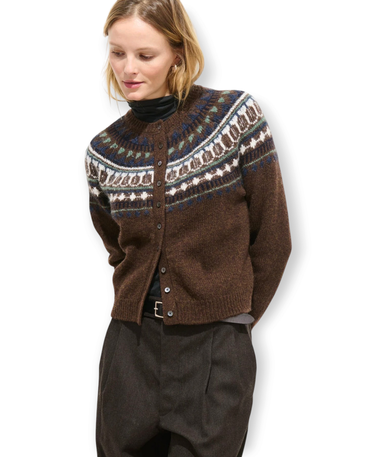 Birdie by Nina Liddle Design brown wool Fairisle cardigan with shell buttons worn by a model