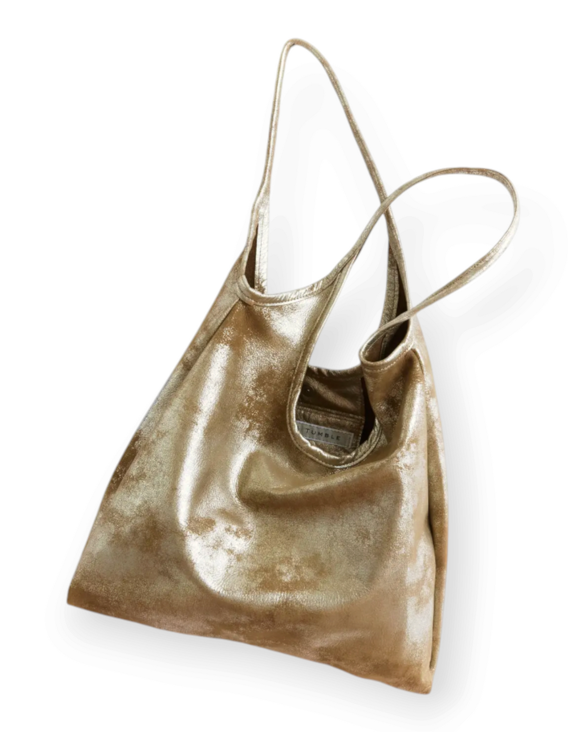 Birdie by Nina Liddle Design metallic gold leather envelope tote bag with long shoulder straps on white background