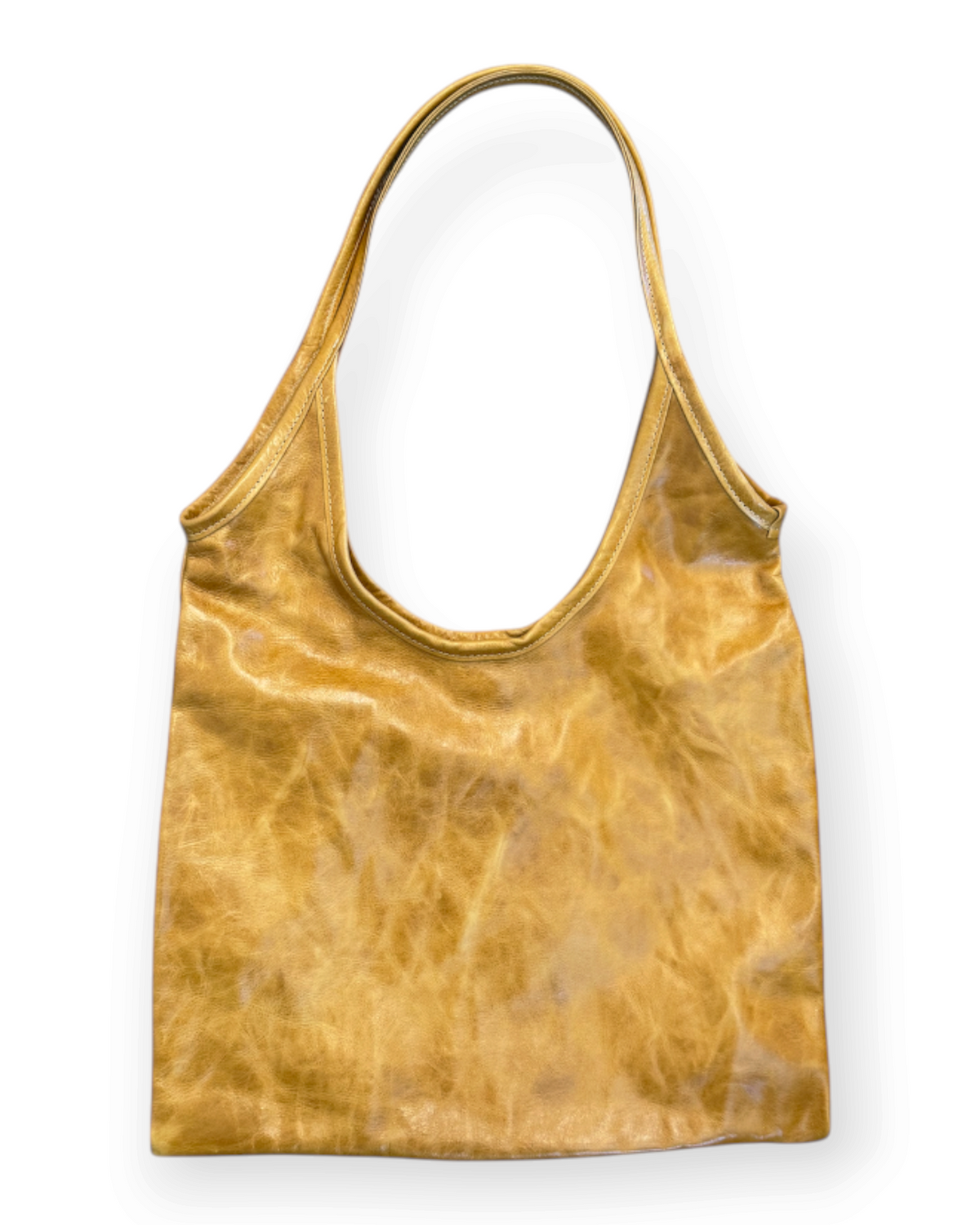 Birdie by Nina Liddle Design tan leather envelope tote bag with a slouchy texture and comfortable shoulder straps.