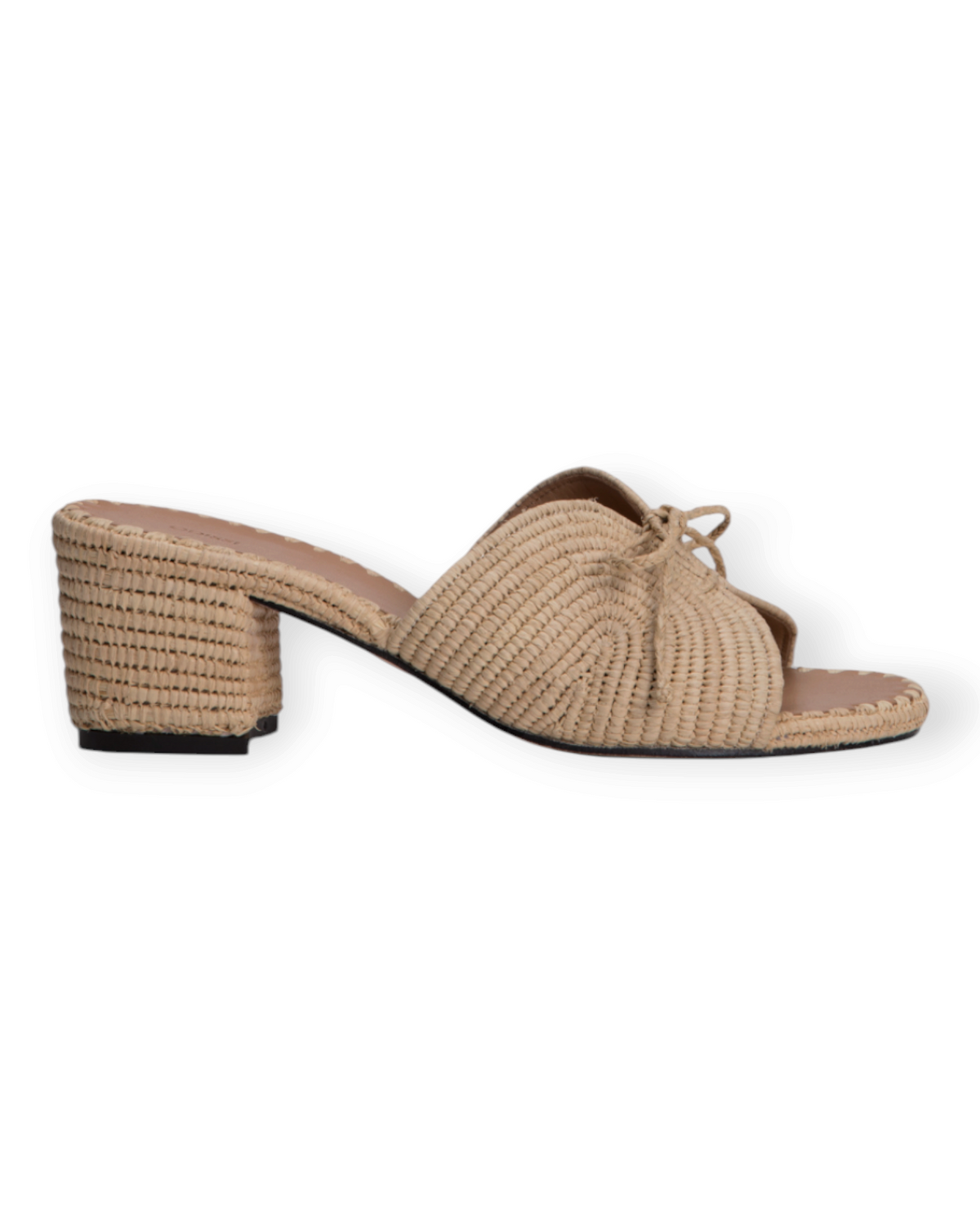 Birdie by Nina Liddle Design Odett raffia mule with a braided block heel, open toe, and decorative woven front bow.