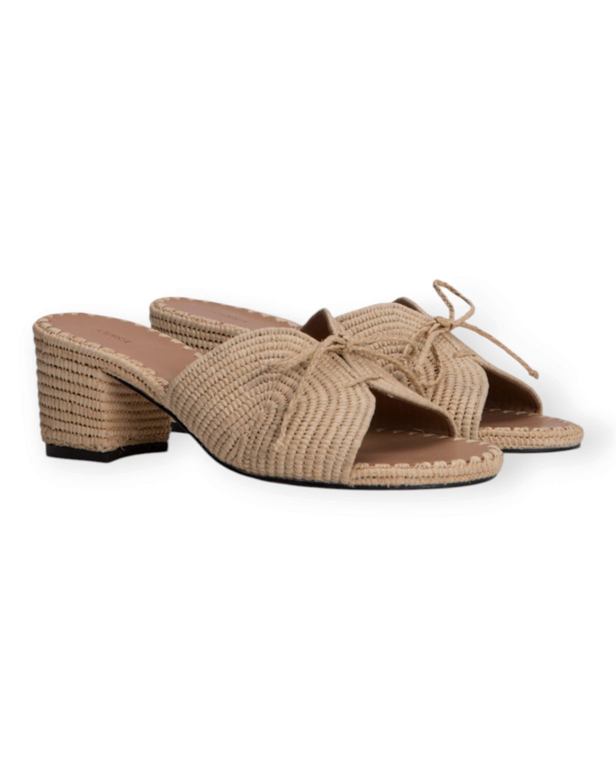 Birdie by Nina Liddle Design Odett raffia mules with braided block heels, open toes, and decorative bow detailing.