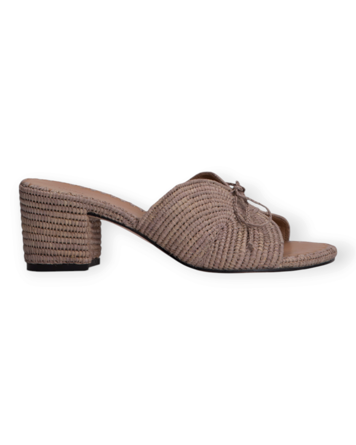 Birdie by Nina Liddle Design Odett raffia block-heel mule with a decorative bow and open-toe braided texture.