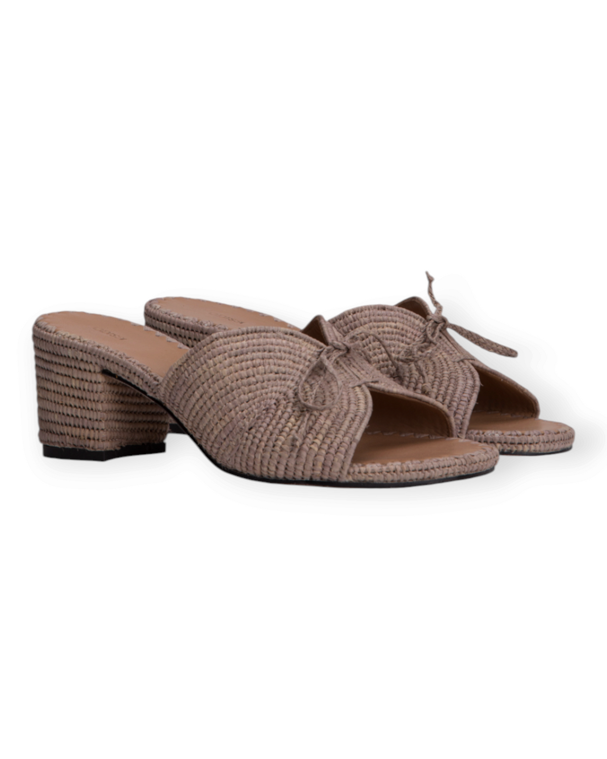 Birdie by Nina Liddle Design Odett raffia mules with braided block heels, open toes, and decorative front bows.