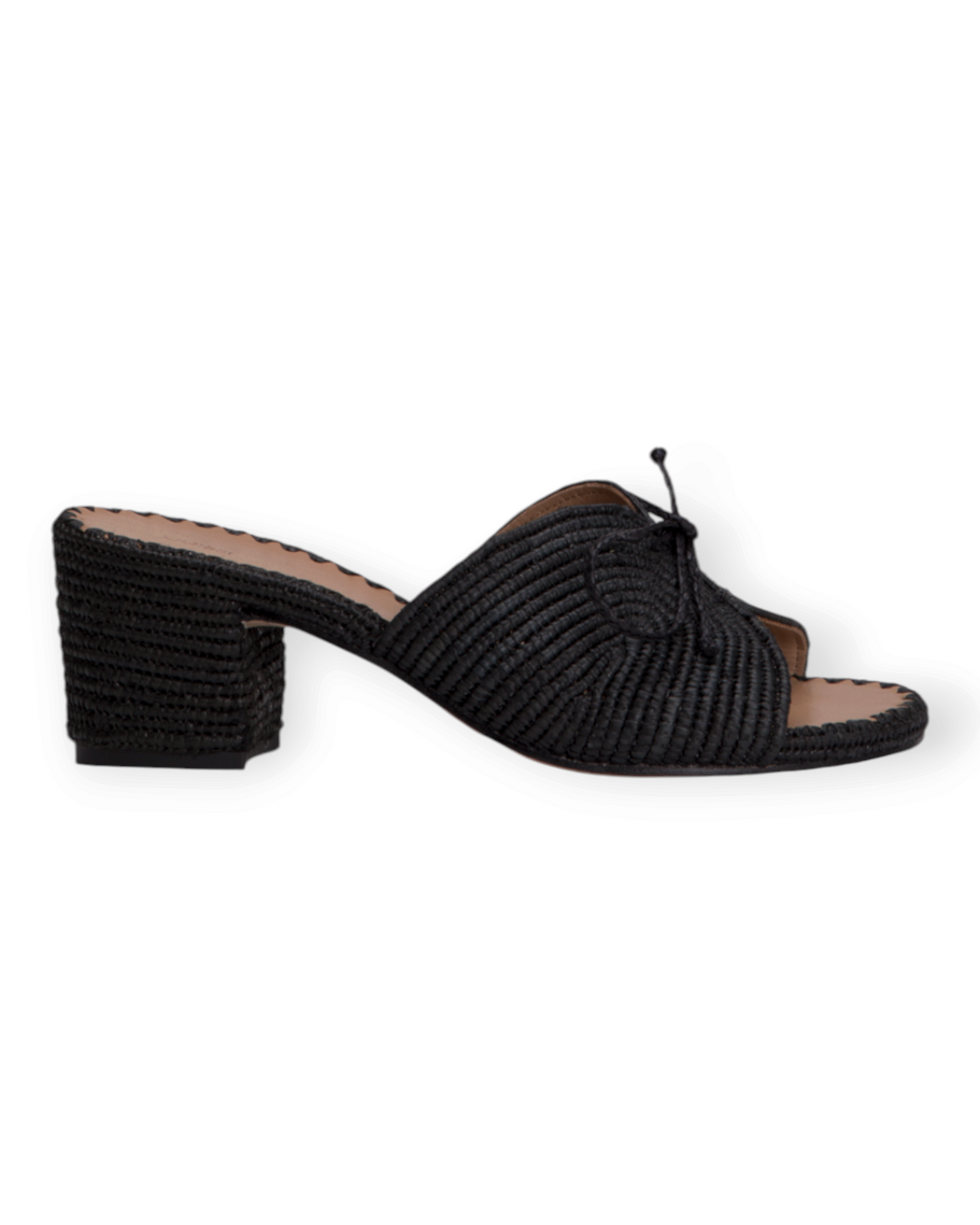 Birdie by Nina Liddle Design Odett black raffia block-heel mule with a decorative bow and open-toe design.