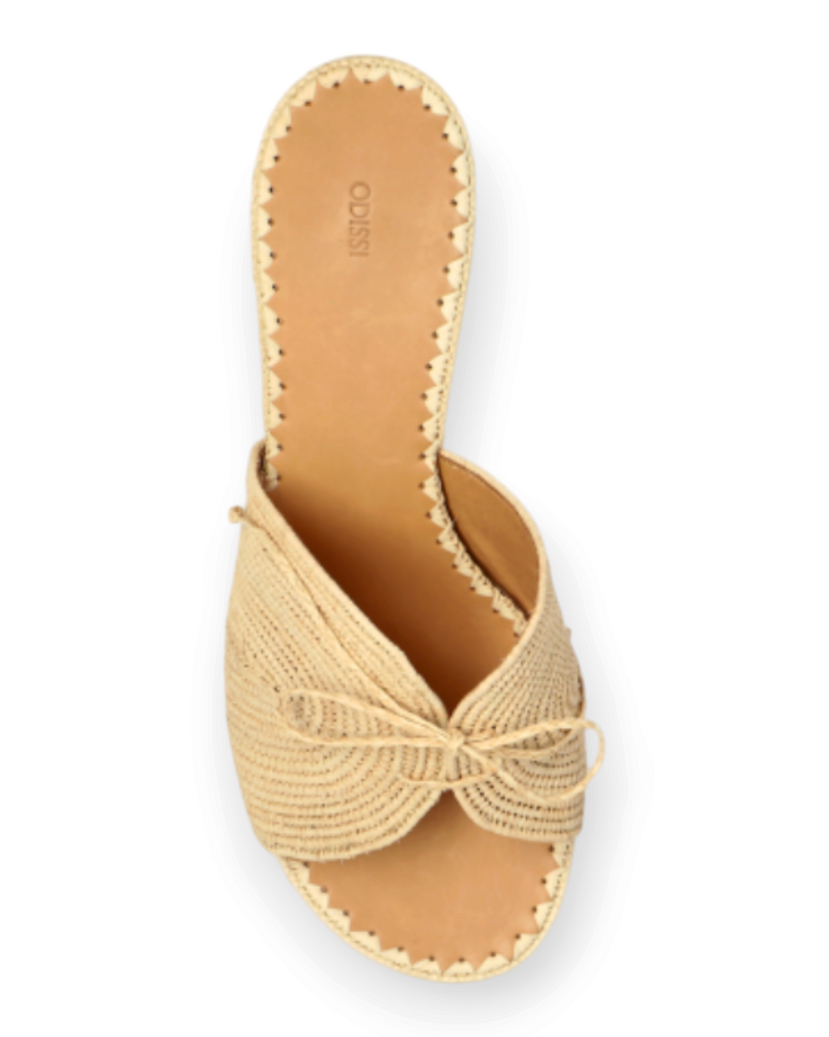 Birdie by Nina Liddle Design Odett raffia mule with braided bow detail and leather insole, top view.