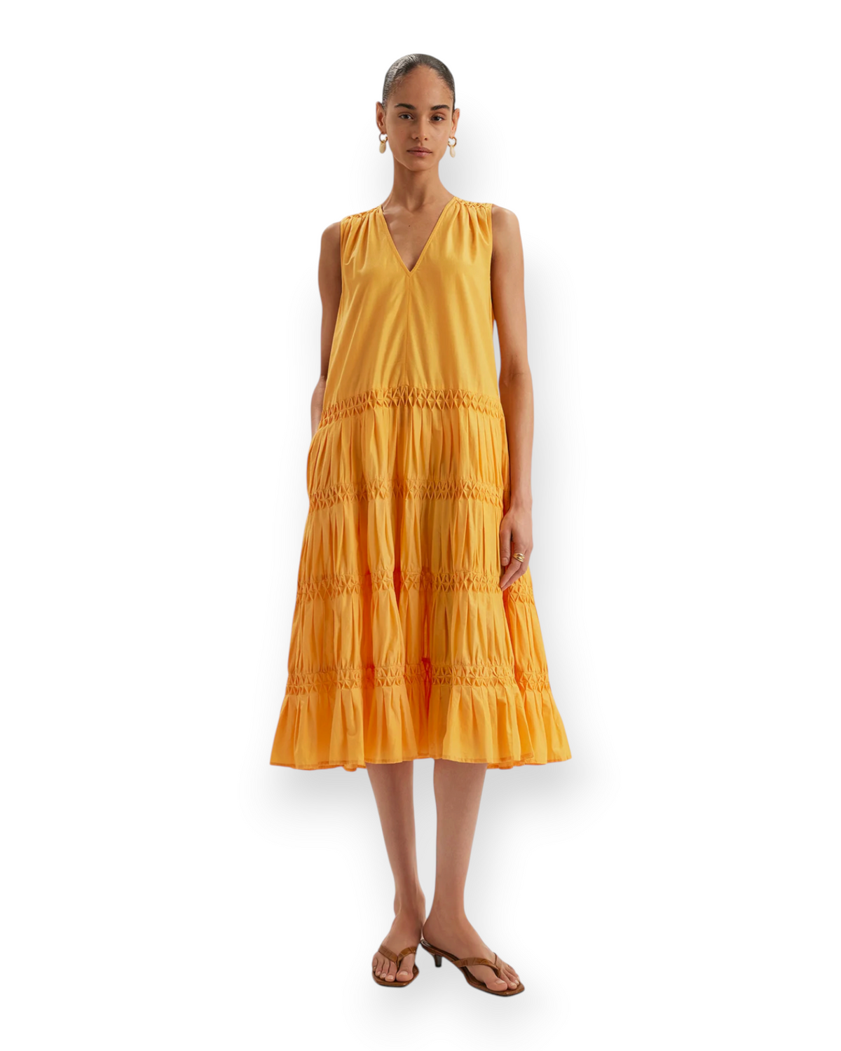 Birdie by Nina Liddle Design Wallis midi dress in yellow Pima cotton lawn with V-neck and tiered smocked skirt