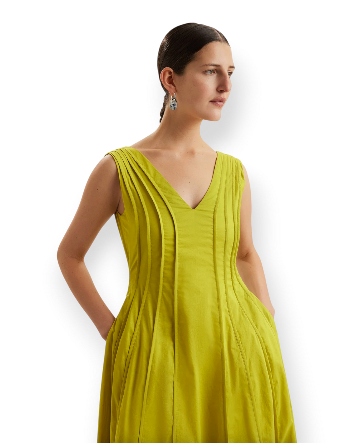 Birdie by Nina Liddle Design Raas Dress in chartreuse Pima cotton lawn with a V-neck and structured seam detailing.