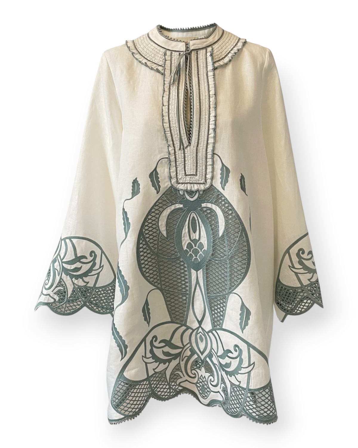 Birdie by Nina Liddle Design Tess short dress in cream linen with intricate sage green embroidery and ruffled collar.