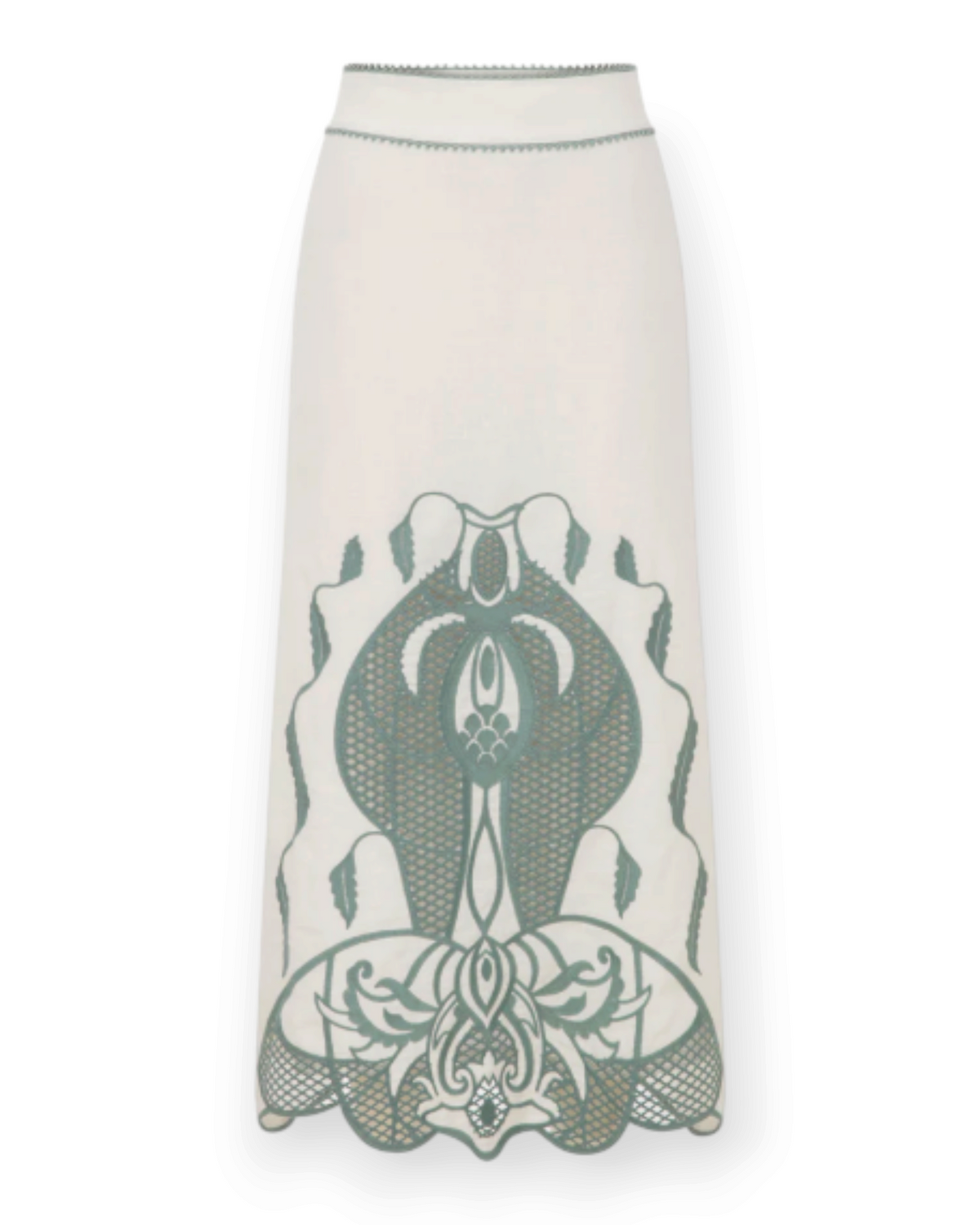 Birdie by Nina Liddle Design Rosalie skirt in off-white linen with intricate sage green botanical embroidery.