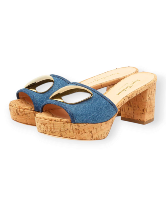Birdie by Nina Liddle Design Merapi heels featuring blue denim fabric, cork platform soles, and gold metallic accents.