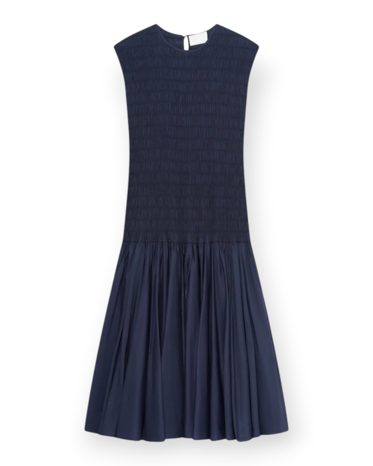 Birdie by Nina Liddle Design navy blue cotton voile Stijl dress with a smocked bodice and gathered skirt.