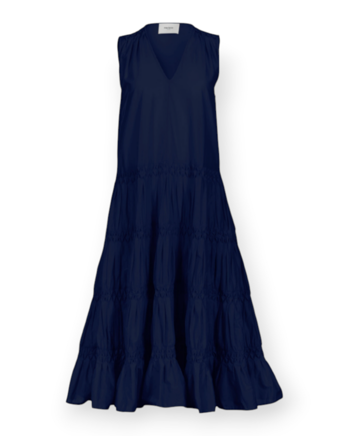 Birdie by Nina Liddle Design navy blue Pima cotton midi dress with V-neckline and tiered smocked skirt