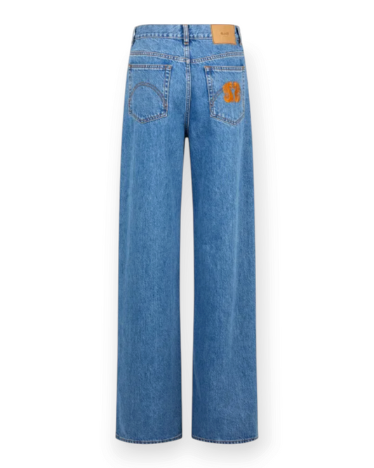 Birdie by Nina Liddle Design Nariida Java wide-leg blue denim jeans with back logo embroidery, back view