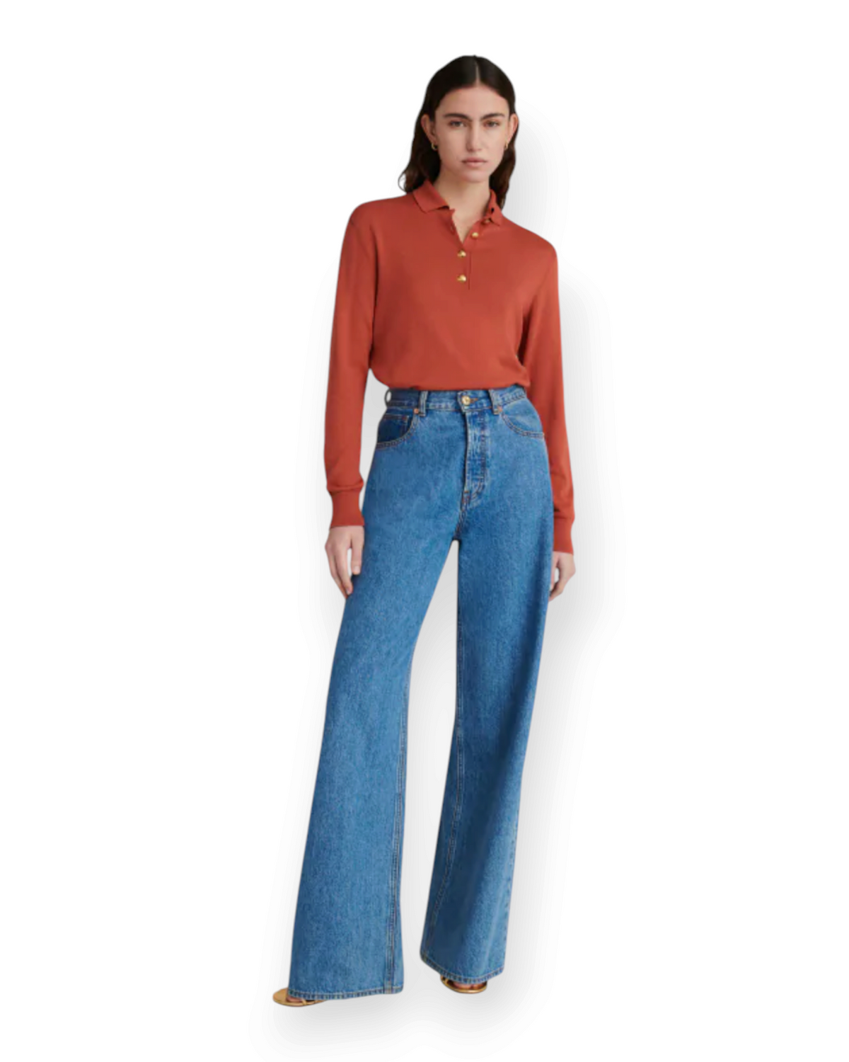 Birdie by Nina Liddle Design Nariida Java wide-leg blue denim jeans worn by a model with a rust-colored polo shirt.