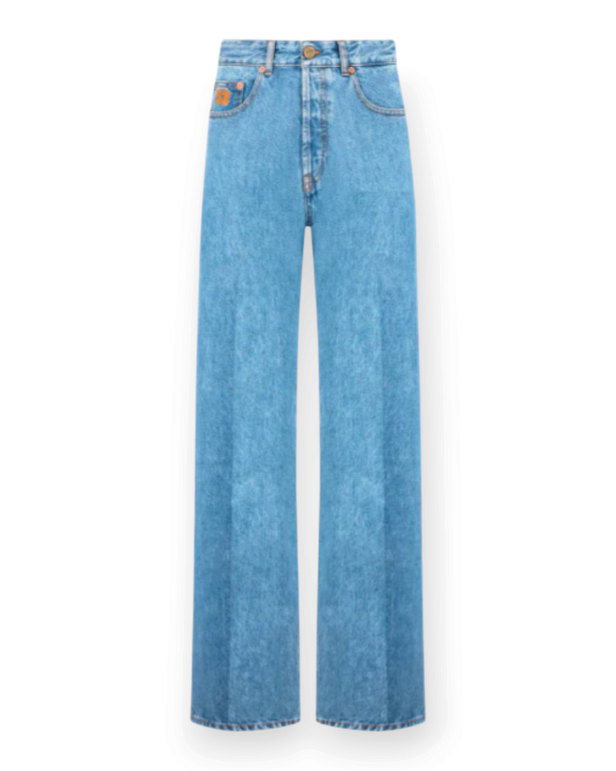 Birdie by Nina Liddle Design Nariida Maline mid-rise flared blue cotton jeans with front crease and gold button