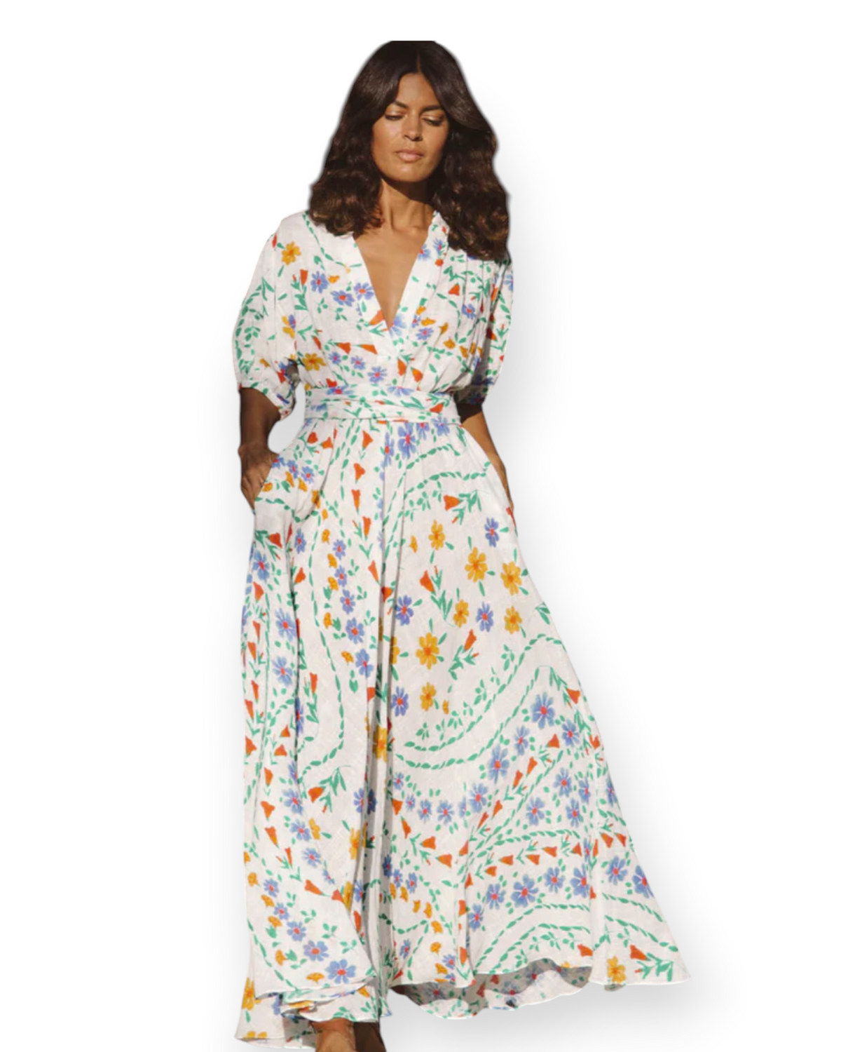 Birdie by Nina Liddle Design Bea ankle dress in white cotton linen with a colorful floral print and puffy sleeves.