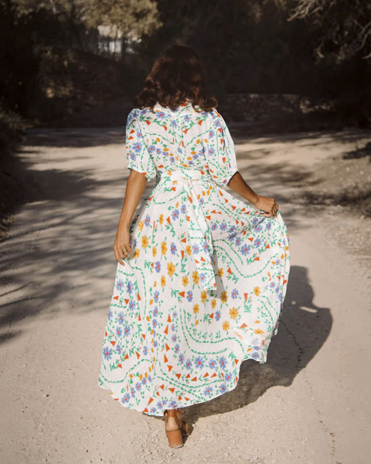 Birdie by Nina Liddle Design Bea ankle dress in white cotton linen with a colorful floral print and sash belt