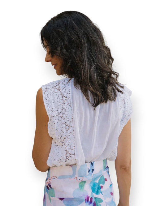 Birdie by Nina Liddle Design white sleeveless cotton top featuring a wide lace yoke and pin-tucked detailing