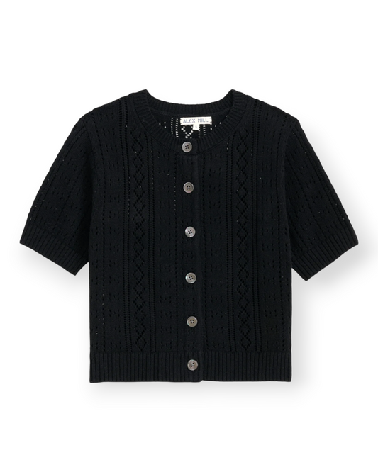 Birdie by Nina Liddle Design Elle black pointelle knit cardigan with short sleeves and button-front closure