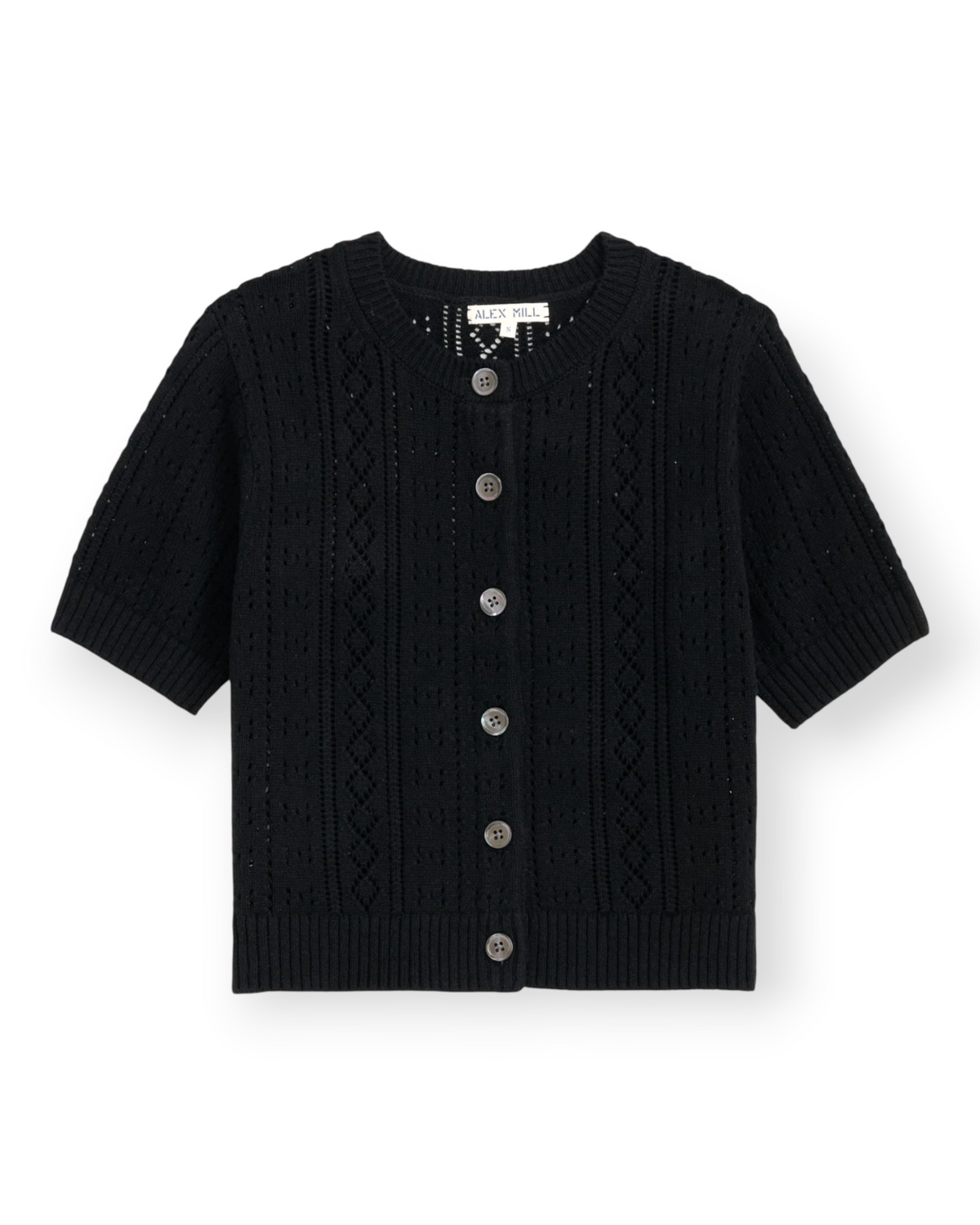Birdie by Nina Liddle Design Elle black pointelle knit cardigan with short sleeves and button-front closure