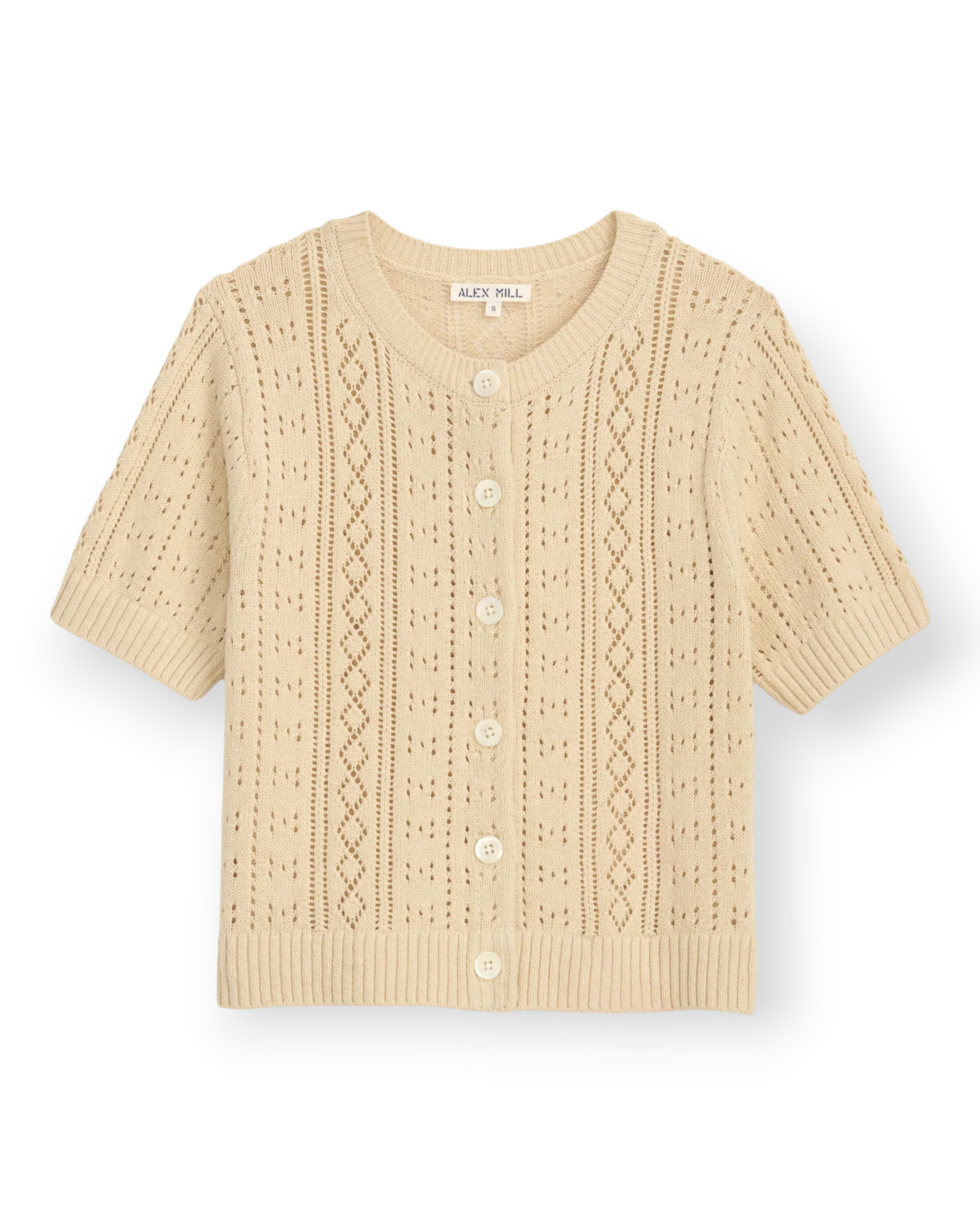 Birdie by Nina Liddle Design Elle cardigan in beige cotton-hemp blend with delicate pointelle stitch and button front