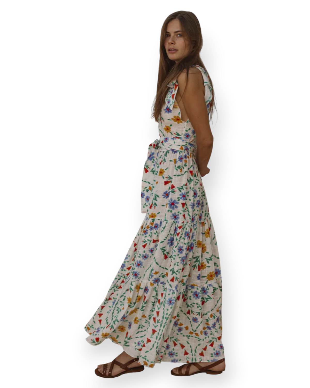 Birdie by Nina Liddle Design Malta floral cotton linen maxi dress with bow tie shoulders and tiered skirt