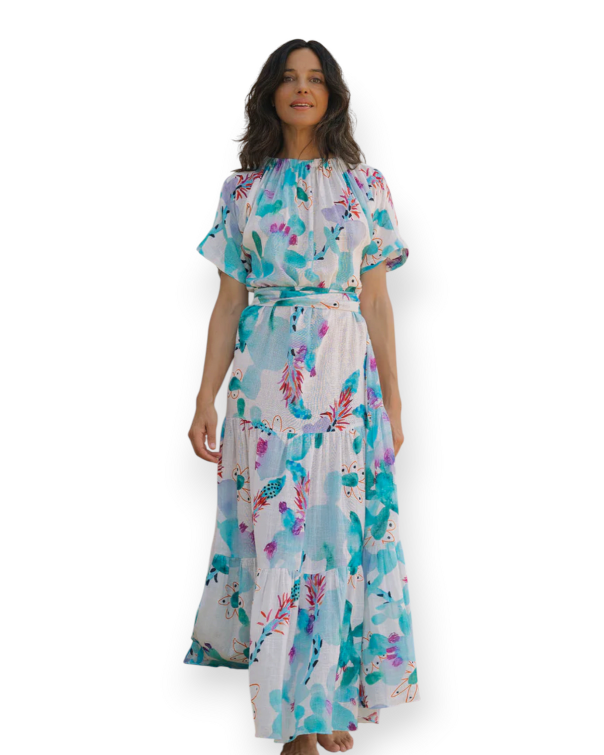 Birdie by Nina Liddle Design Sophie Tier Dress in white cotton linen with blue and purple floral watercolor print