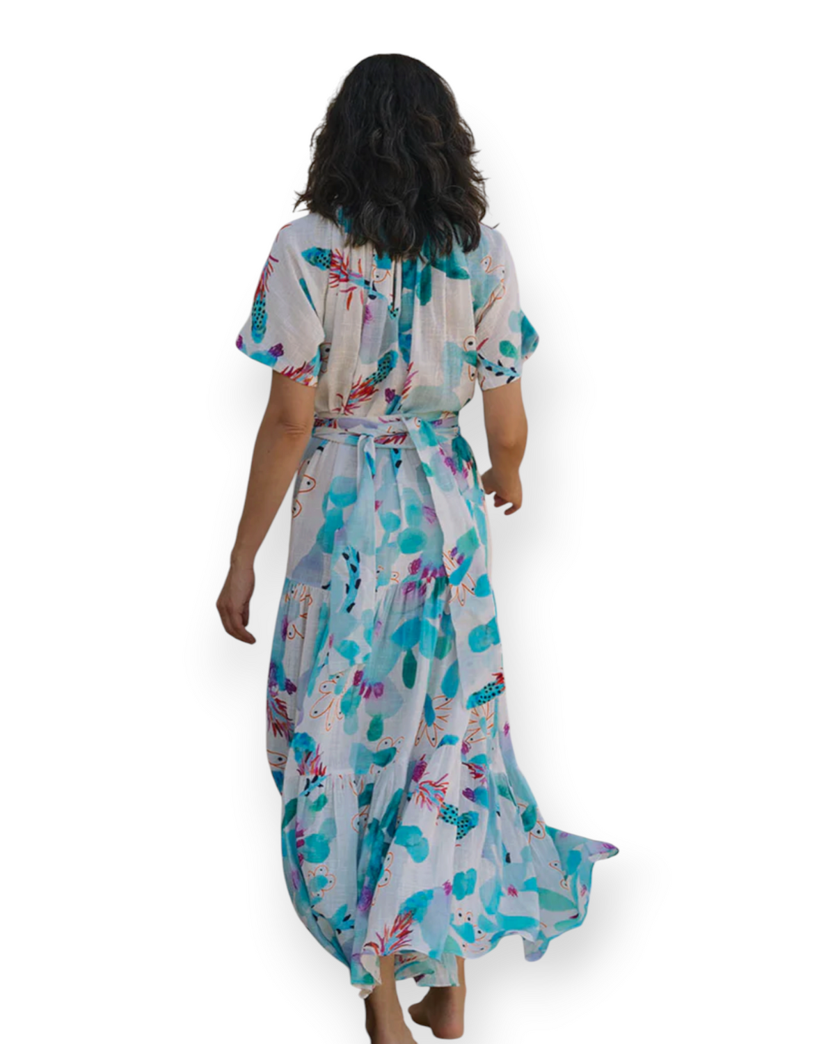 Birdie by Nina Liddle Design Sophie tier maxi dress in white cotton linen with blue and red abstract floral print