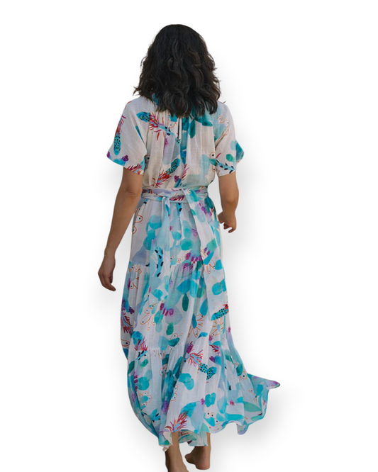 Birdie by Nina Liddle Design Sophie tier maxi dress in white cotton linen with blue and red abstract floral print