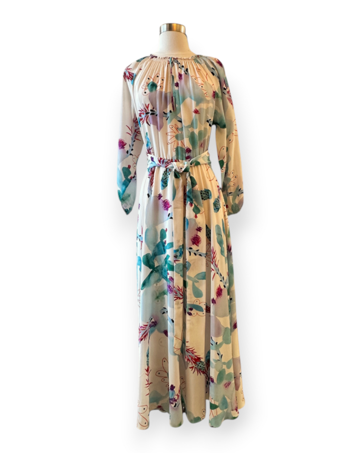 Birdie by Nina Liddle Design Raquel Bea peasant maxi dress in floral silk crepe with gathered neckline and waist sash