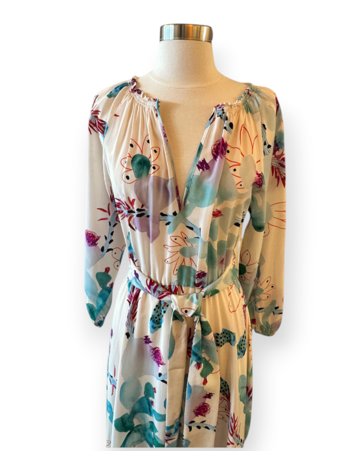 Birdie by Nina Liddle Design Raquel Bea silk crepe peasant maxi dress with floral print and gathered elastic waist.