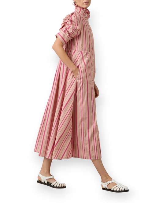 Birdie by Nina Liddle Design Venetia dress in pink Capri stripes with frilled collar and gigot sleeves, side view
