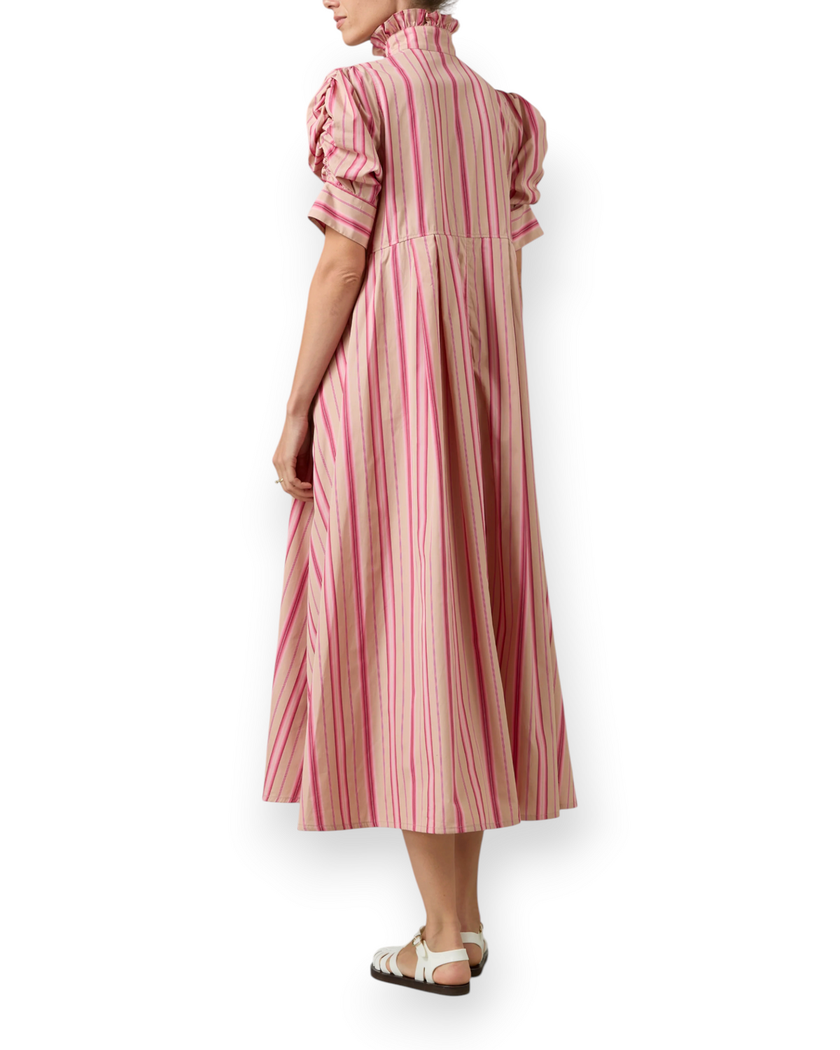 Birdie by Nina Liddle Design Venetia dress in pink and beige Capri stripes with frilled collar and gigot sleeves