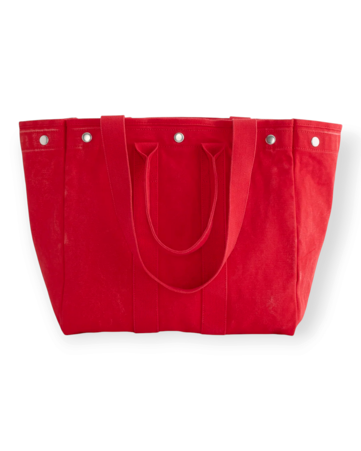 Birdie by Nina Liddle Design red garment-washed cotton tote bag with double tuckable handles and silver hardware.