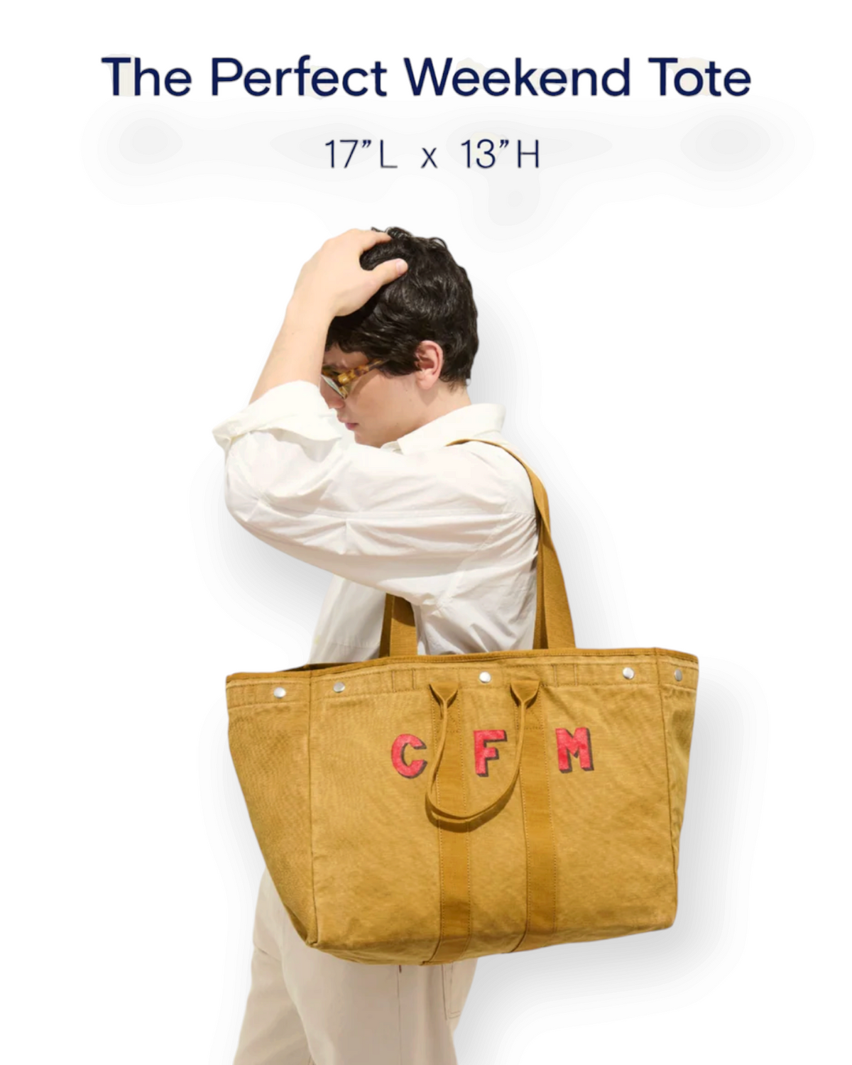 Birdie by Nina Liddle Design garment-washed mustard cotton tote bag with red CFM monogram and double handles