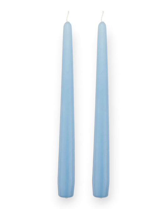 Birdie by Nina Liddle Design set of two light blue handmade tapered candles with a glossy lacquered finish