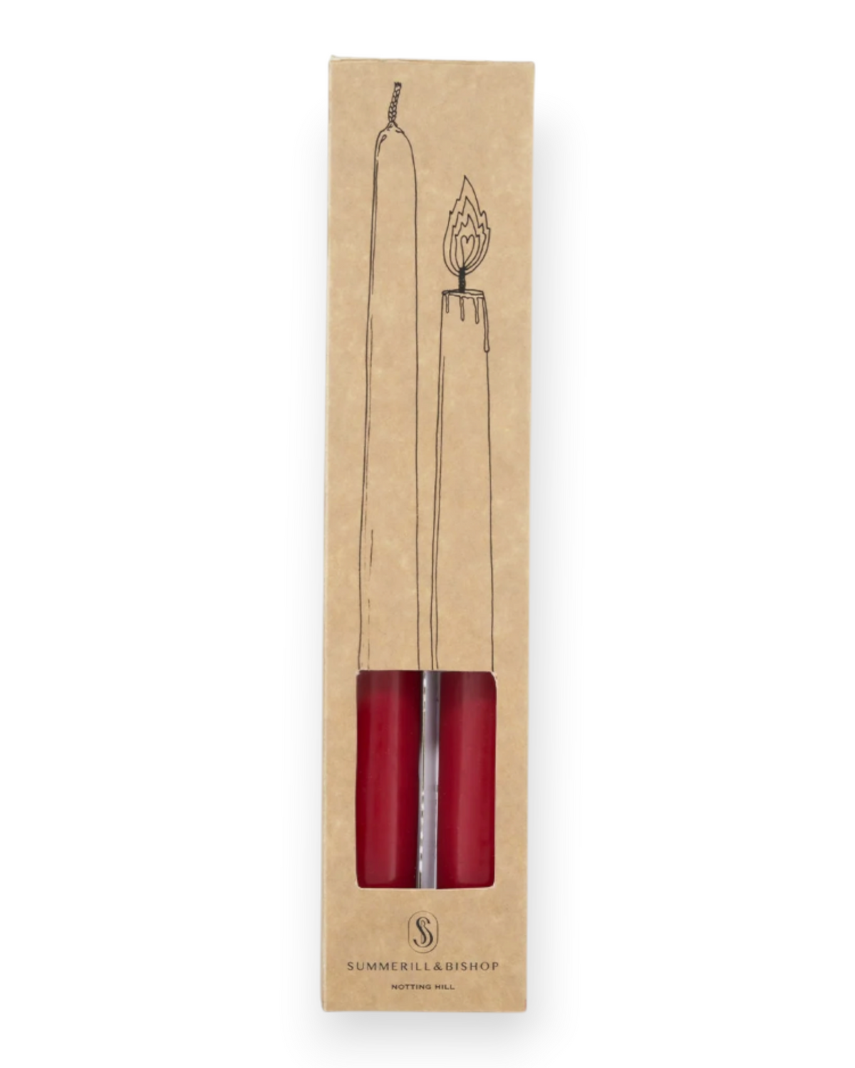 Birdie by Nina Liddle Design set of two red tapered candles in a kraft paper box with illustrated candle design