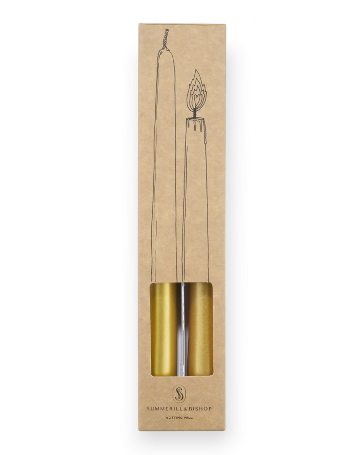 Birdie by Nina Liddle Design set of two gold tapered candles in a kraft paper box with illustrated candle design